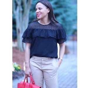 J. Crew Black Edie textured clip dot ruffled short sleeves feminine silk top